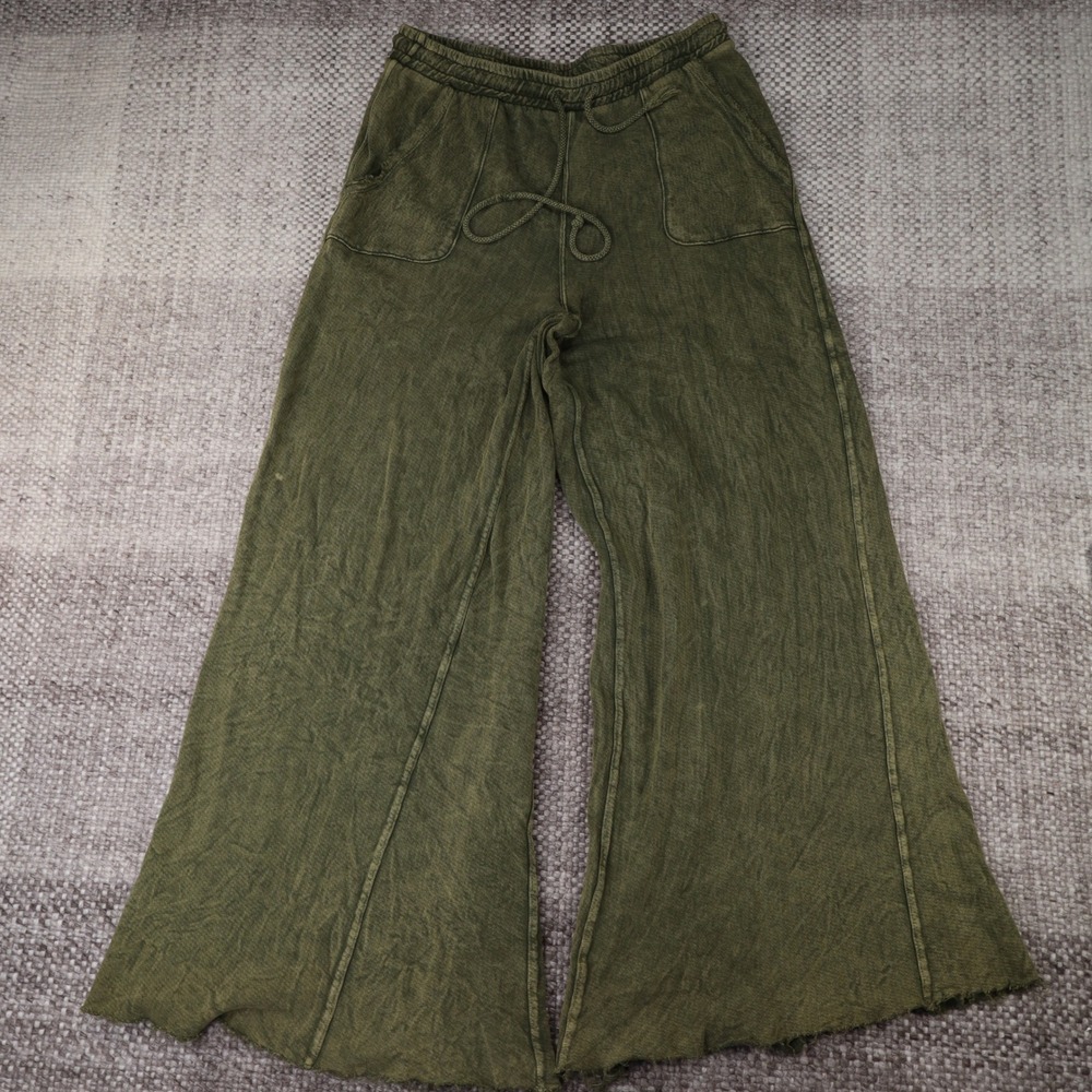 Three Bird Nest Olive Green Mineral Wash Wide Leg Lounge Pants XL Boho Raw Hem